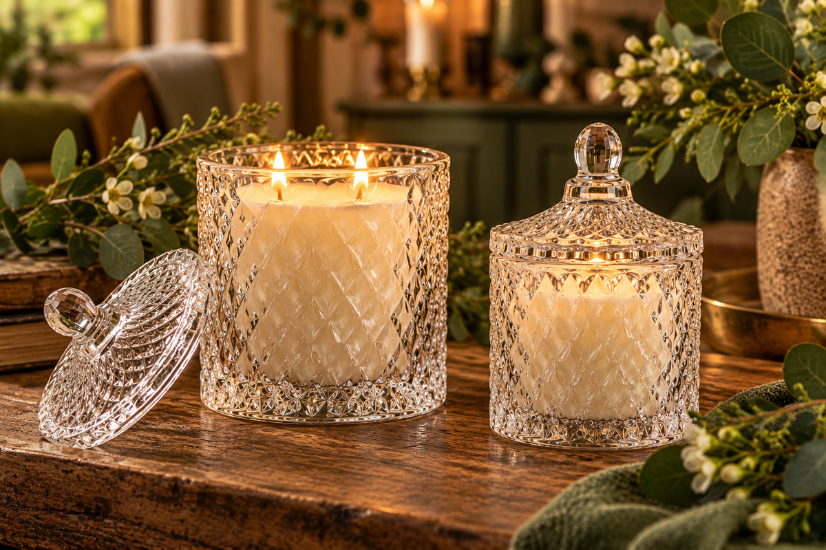 Luxury Fragranced Candles in Beautiful Diamond Pattern Glass Jars